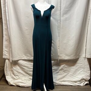 Xscape Teal Green Off-Shoulder V-Neck Mermaid Gown